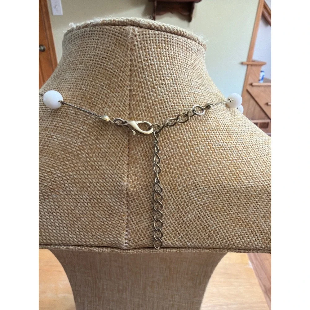 White Round Bead Gold Tone Station Necklace Minimalist Layering Bridal